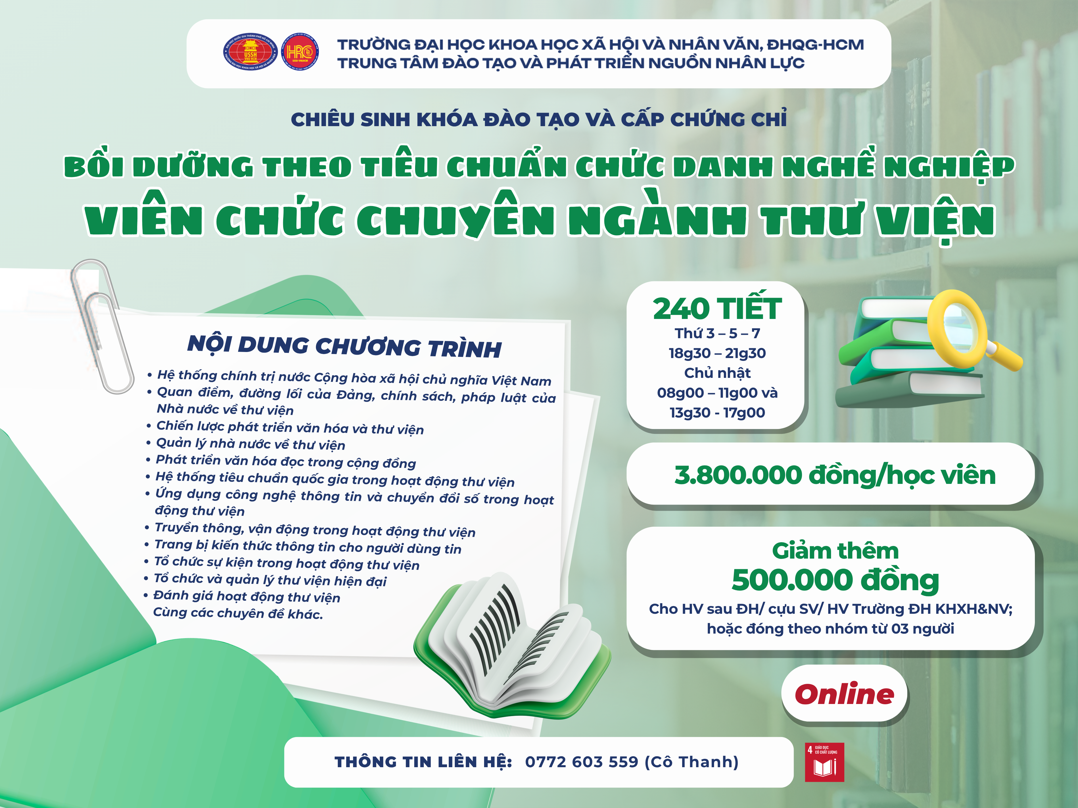 Chiêu sinh khóa đào tạo Bồi dưỡng theo tiêu chuẩn chức danh nghề nghiệp viên chức chuyên ngành Thư viện (Khóa 4) – Khai giảng 20/06/2026
