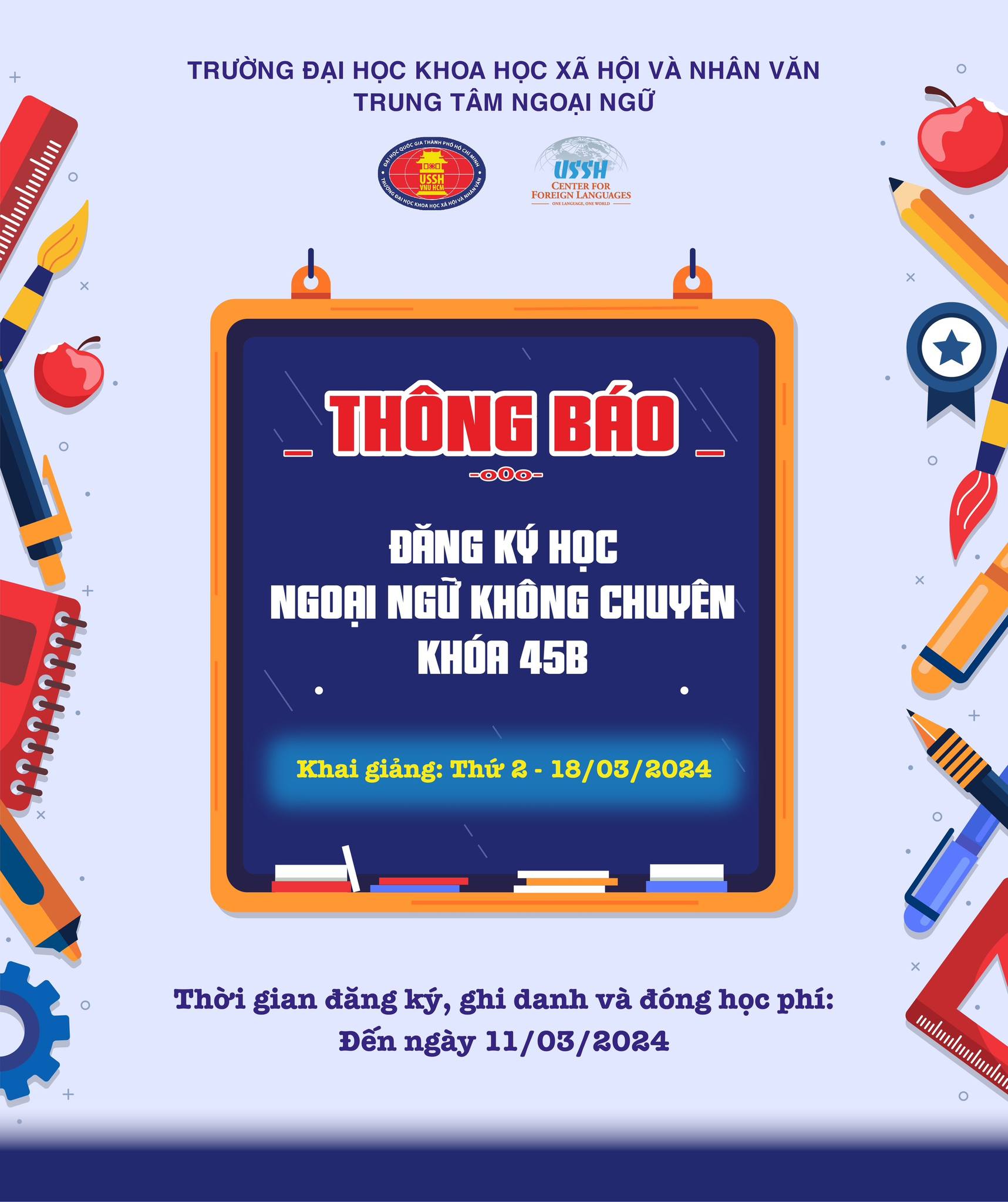 Thông báo đăng ký Ngoại ngữ không chuyên khóa 45B