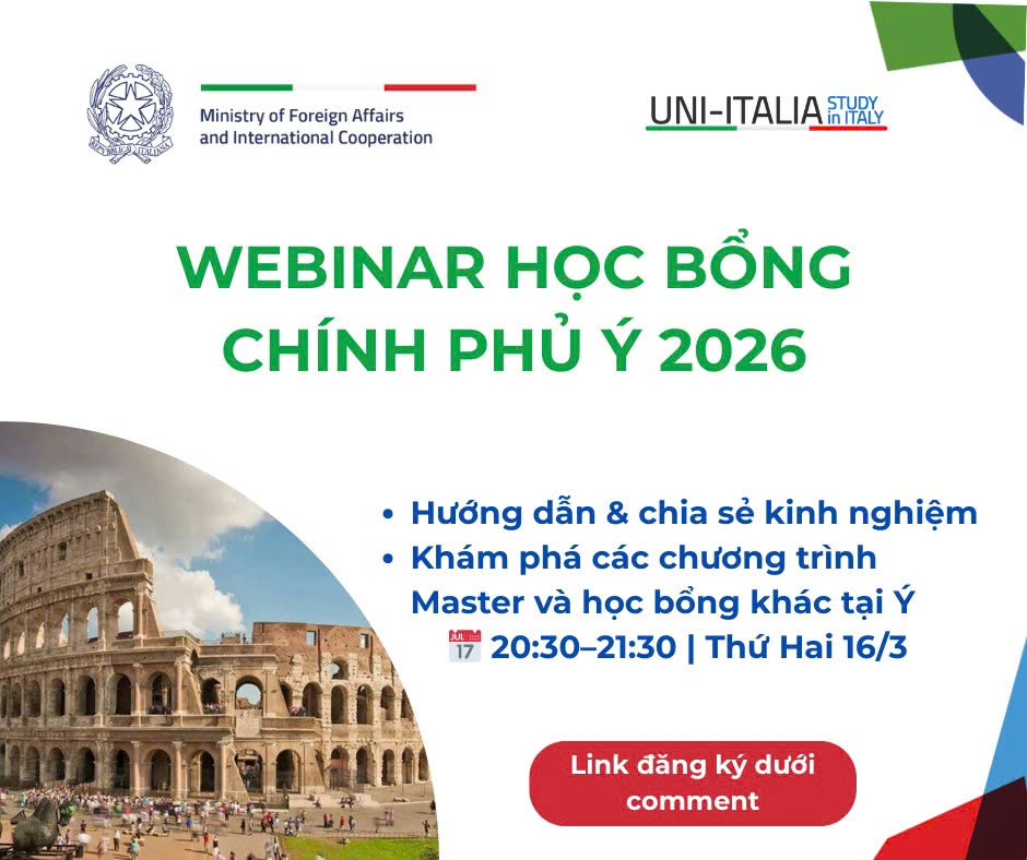 Thông báo Webinar giới thiệu học bổng và thông tin về Học bổng Chính phủ Ý - MAECI năm học 2026-2027