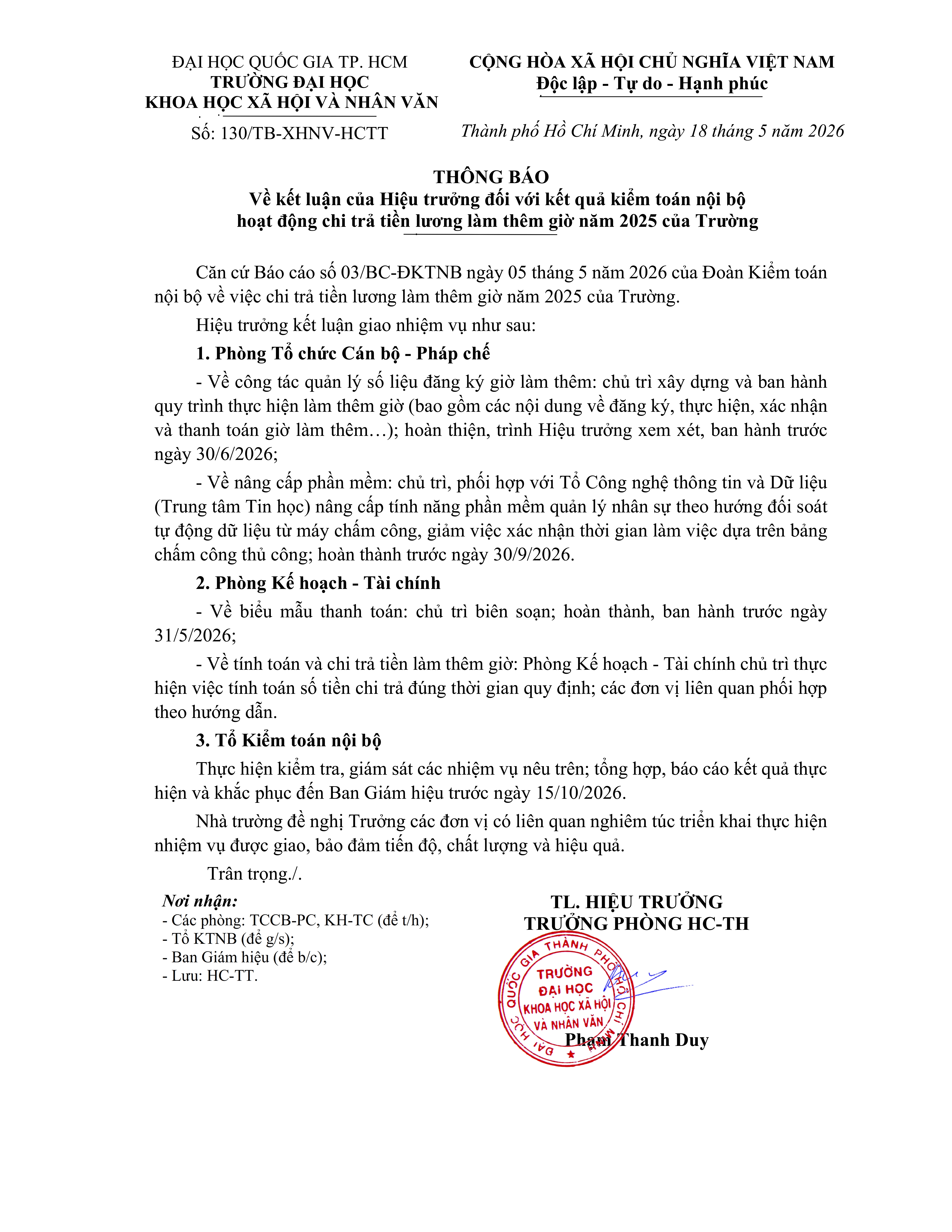 Thông báo về kết luận kiểm toán nội bộ chi trả tiền lương làm thêm giờ năm 2025 của Trường