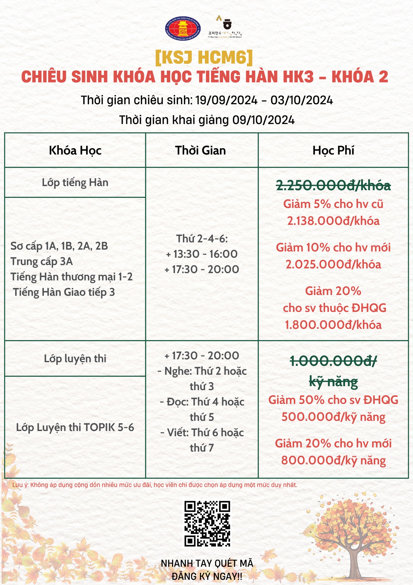 CHIÊU SINH CÁC LỚP TIẾNG HÀN HỌC KỲ 3 - KHOÁ 2 - 2024
