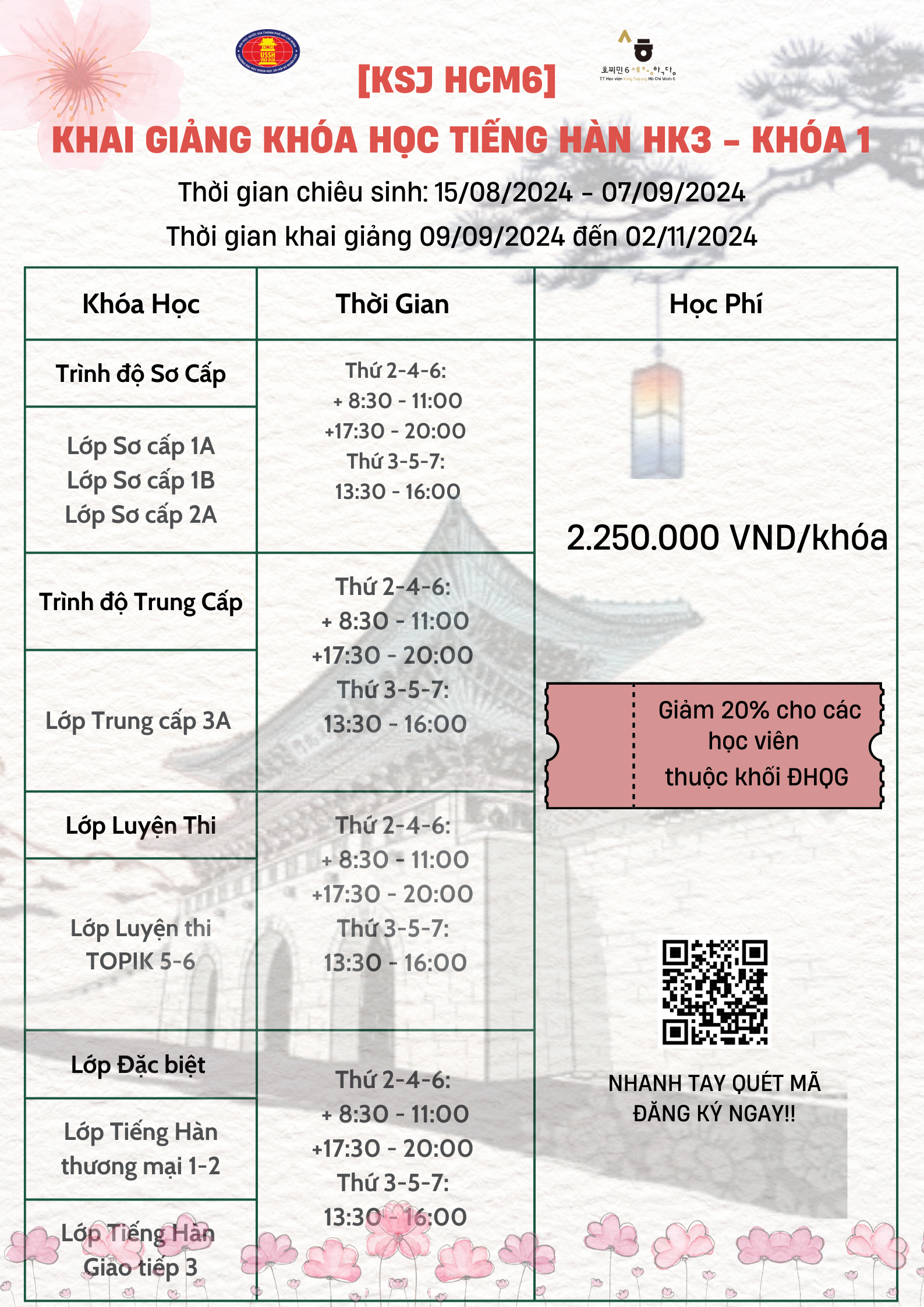 CHIÊU SINH CÁC LỚP TIẾNG HÀN HỌC KỲ 3 - KHOÁ 1 - 2024