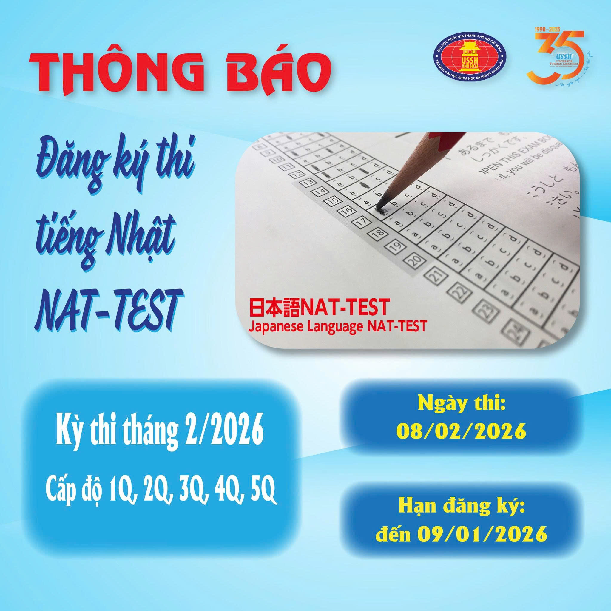 THÔNG BÁO TIẾP NHẬN ĐĂNG KÝ THI NAT-TEST THÁNG 2/2026