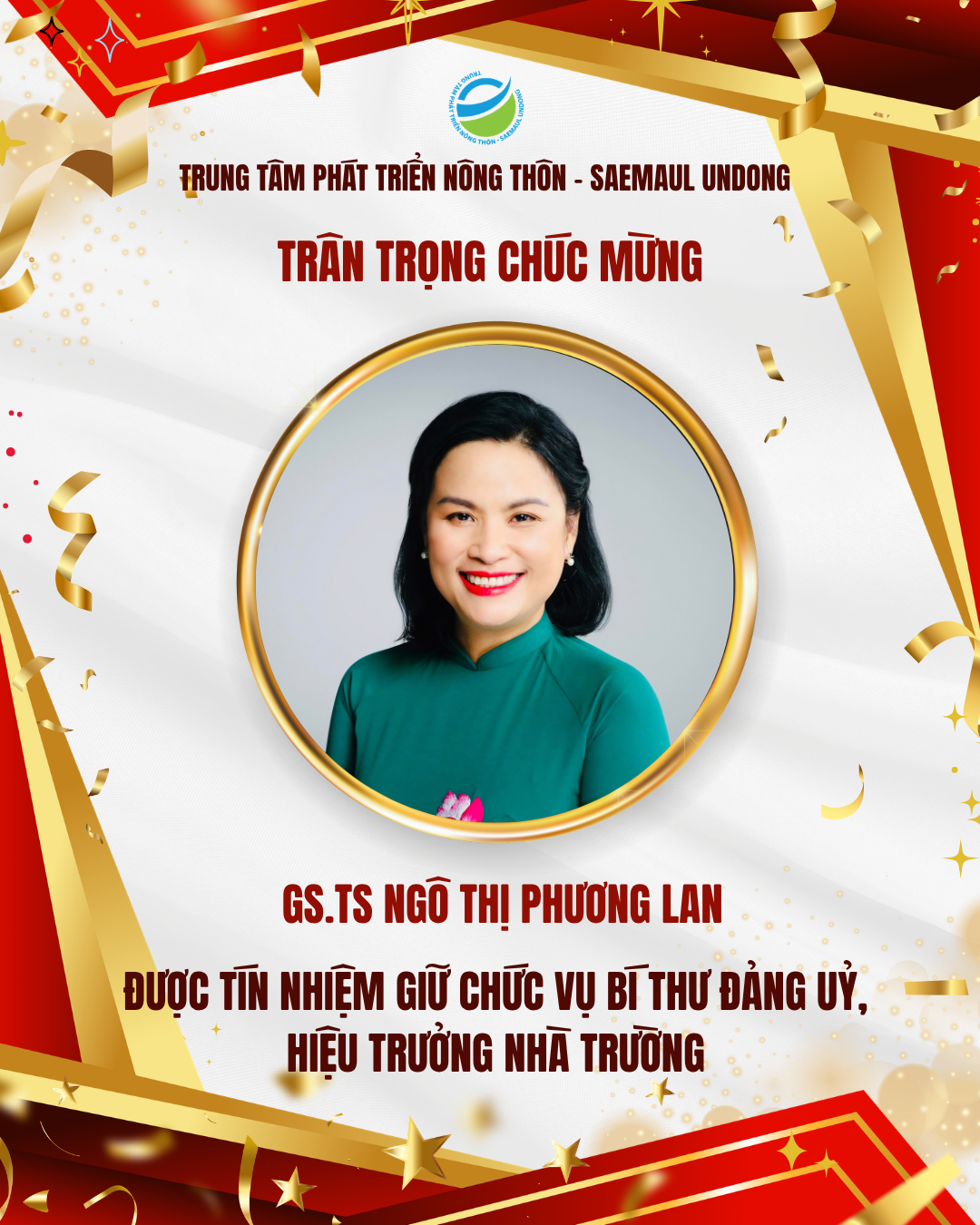 TT.PTNT-SU TRÂN TRỌNG CHÚC MỪNG GS.TS NGÔ THỊ PHƯƠNG LAN GIỮ CHỨC VỤ BÍ THƯ ĐẢNG UỶ, HIỆU TRƯỞNG NHÀ TRƯỜNG