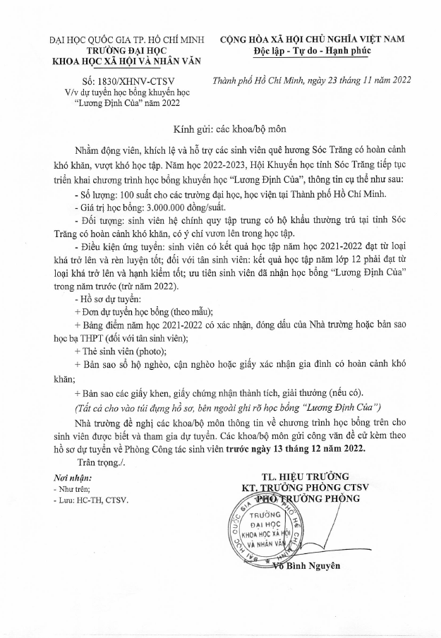 Chương trình học bổng "Lương Định Của" năm 2022