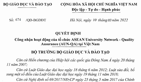 Các Quyết định V/v công nhận hoạt động của tổ chức AUN và FIBAA tại Việt Nam