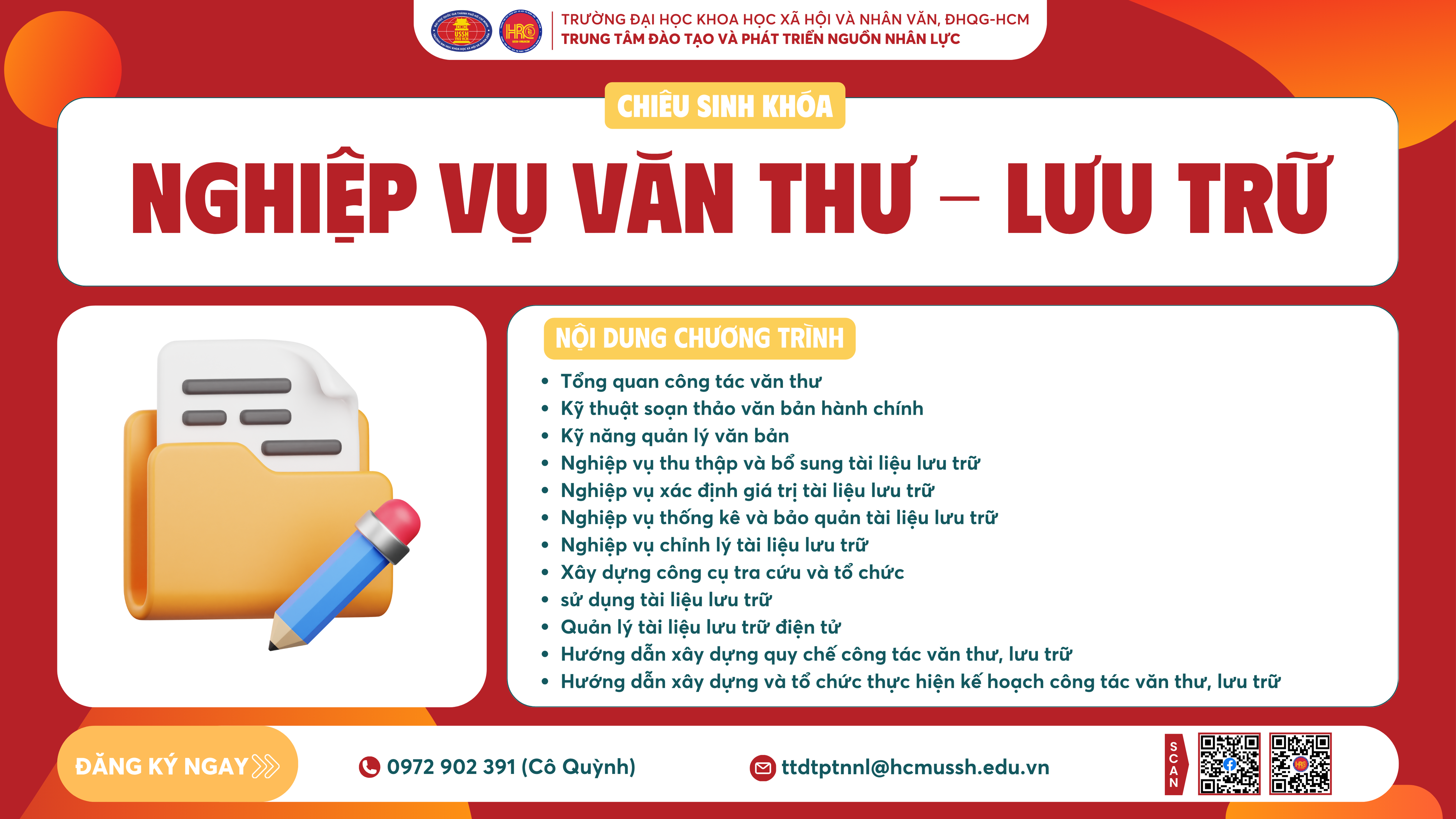 Chiêu sinh Khóa đào tạo Nghiệp vụ Văn thư – Lưu trữ (Khóa 26) – Dự kiến khai giảng 16/12/2024