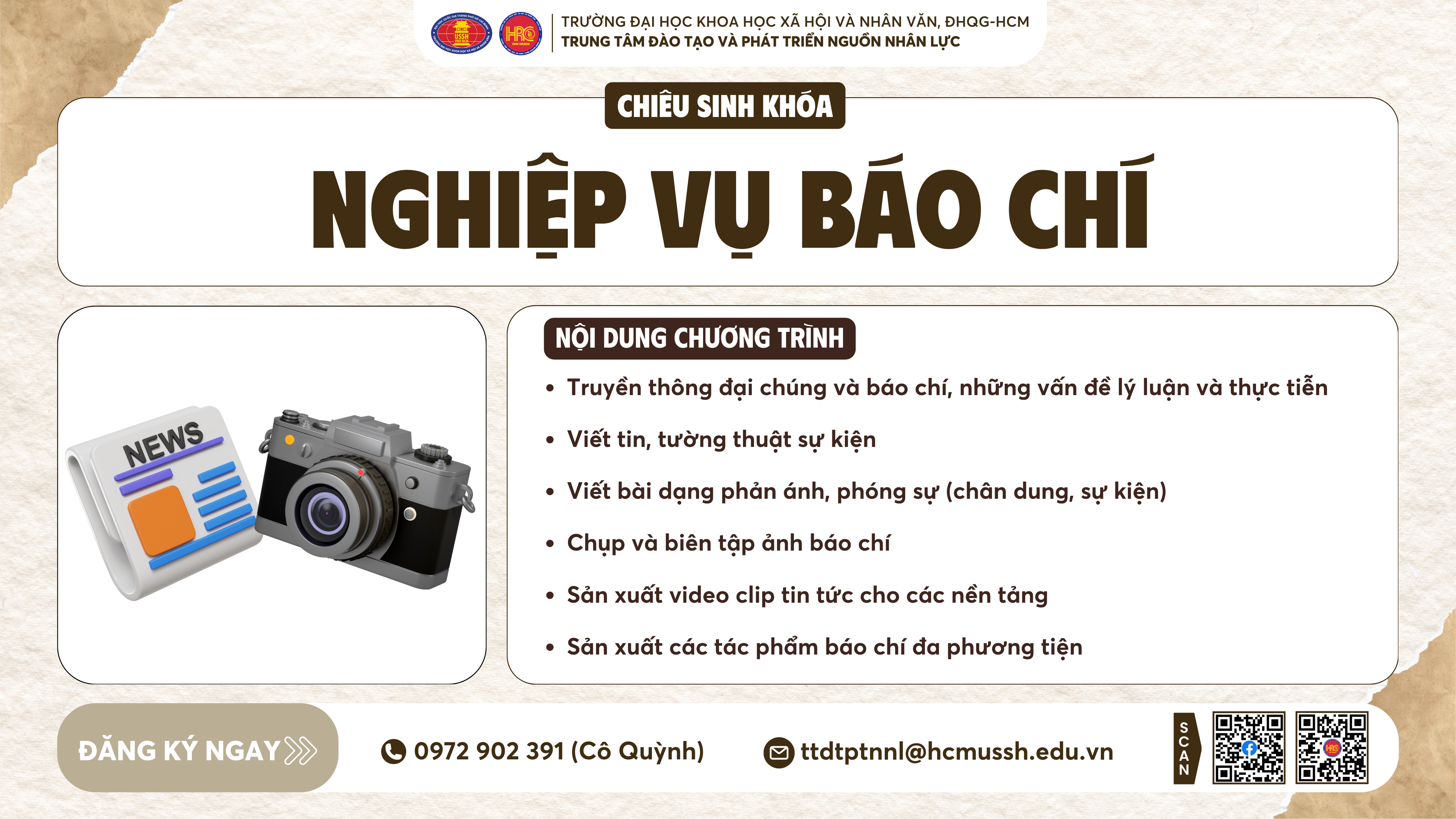 Chiêu sinh khóa đào tạo Nghiệp vụ Báo chí (Khóa 20) – Dự kiến khai giảng 19/01/2025