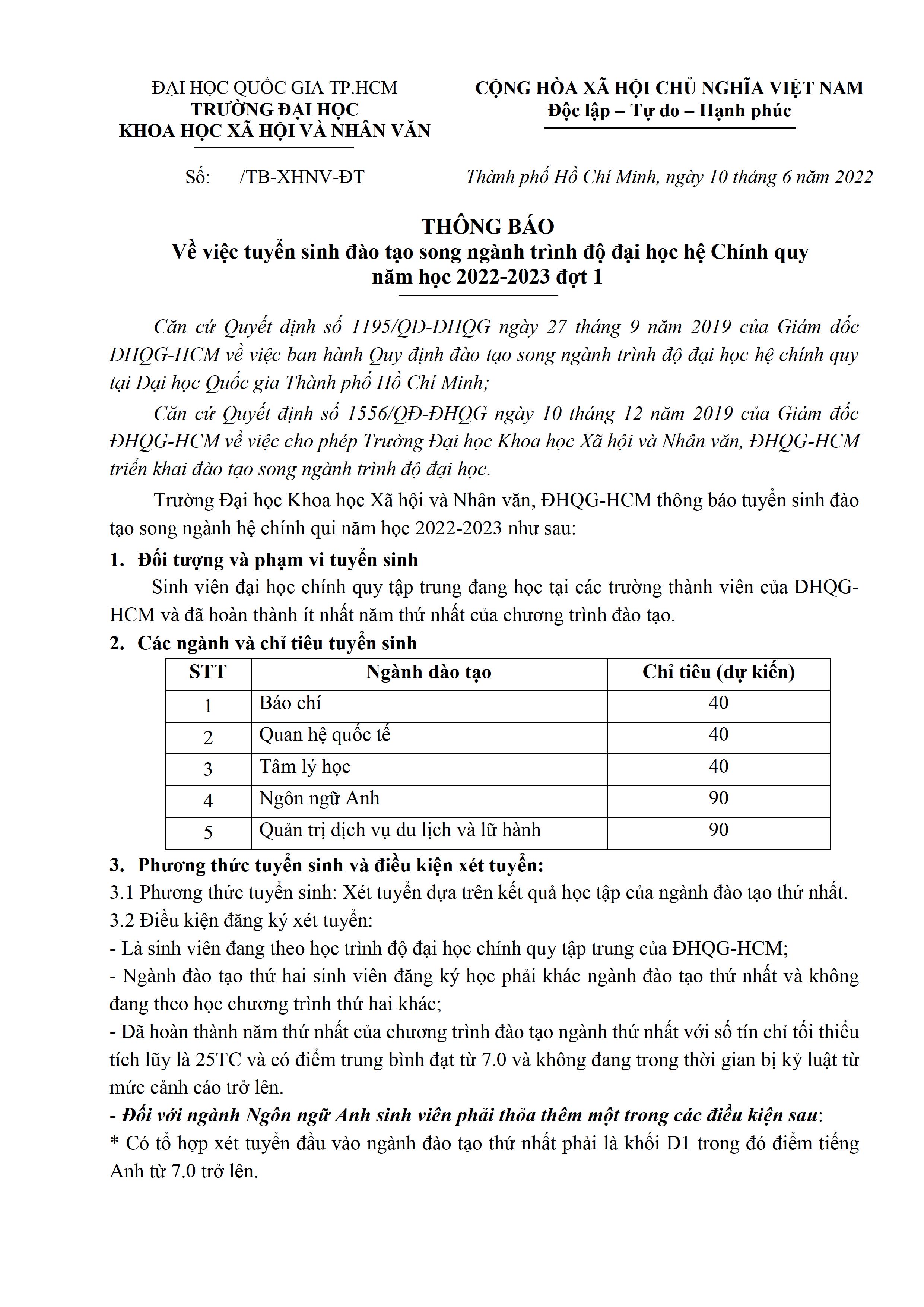Tuyển sinh đại học chính quy song ngành đợt 1 năm học 2022-2023
