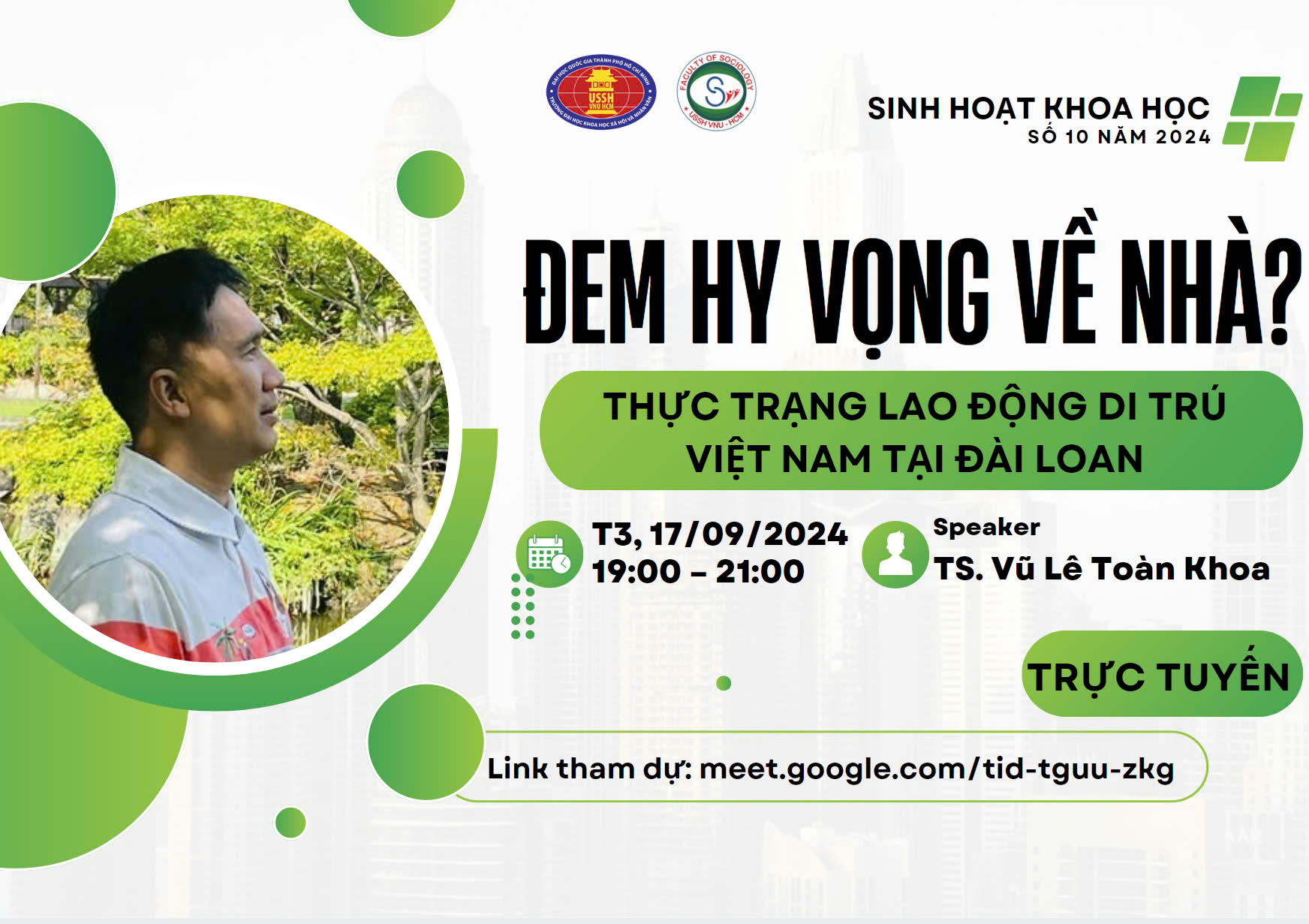 Thư mời tham dự sinh hoạt khoa học số 10 – Năm 2024: “Đem hy vọng về nhà? Thực trạng lao động di trú Việt Nam tại Đài Loan”