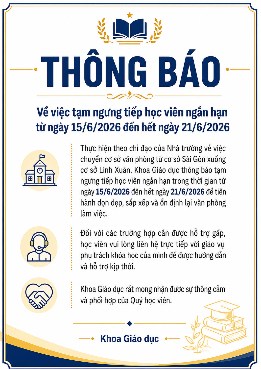 Thông báo Về việc tạm ngưng tiếp học viên ngắn hạn từ ngày 15/6/2026 đến ngày 21/6/2026