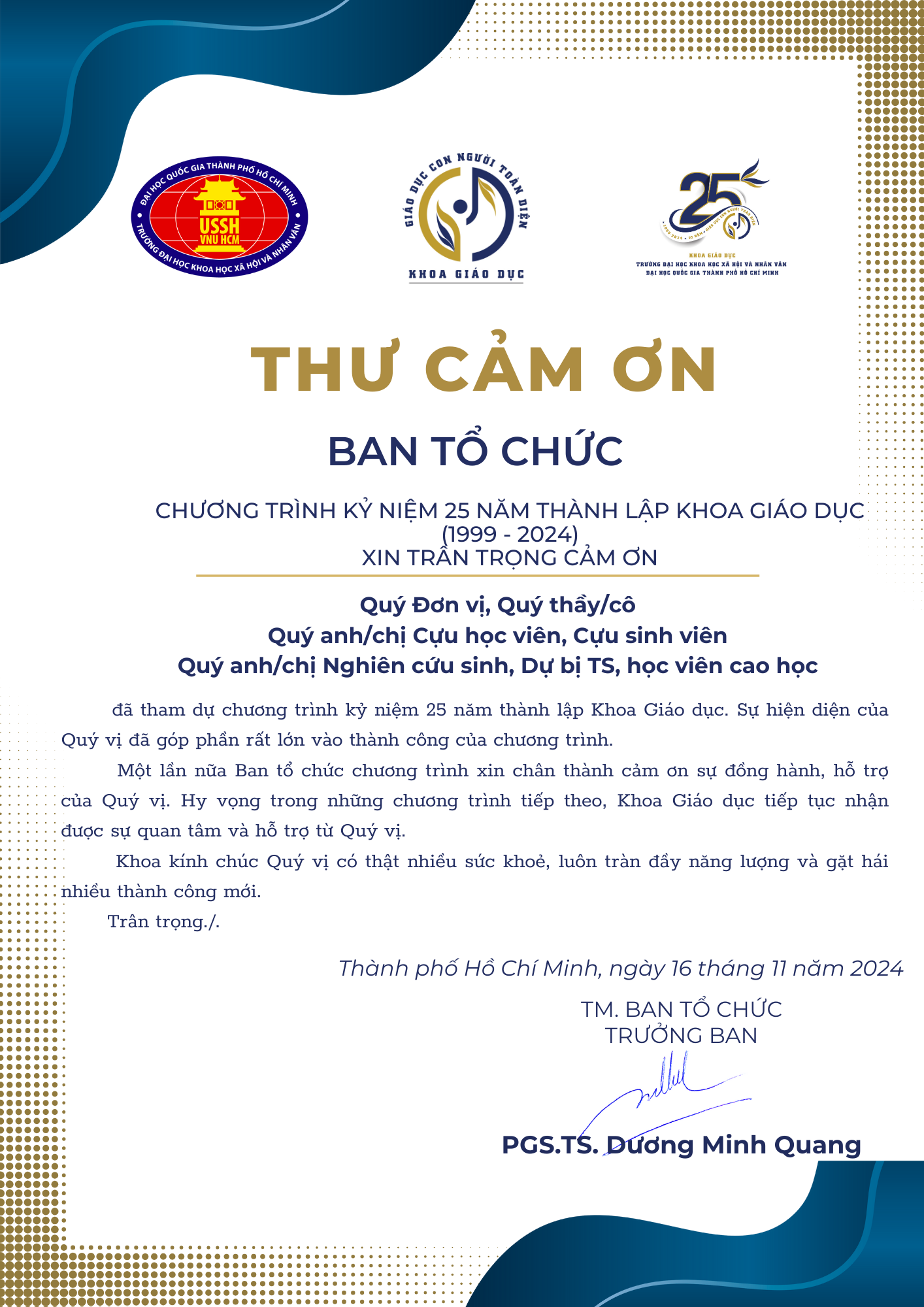 Thư Cảm ơn tham dự và tài trợ cho chương trình kỷ niệm 25 năm thành lập khoa Giáo dục