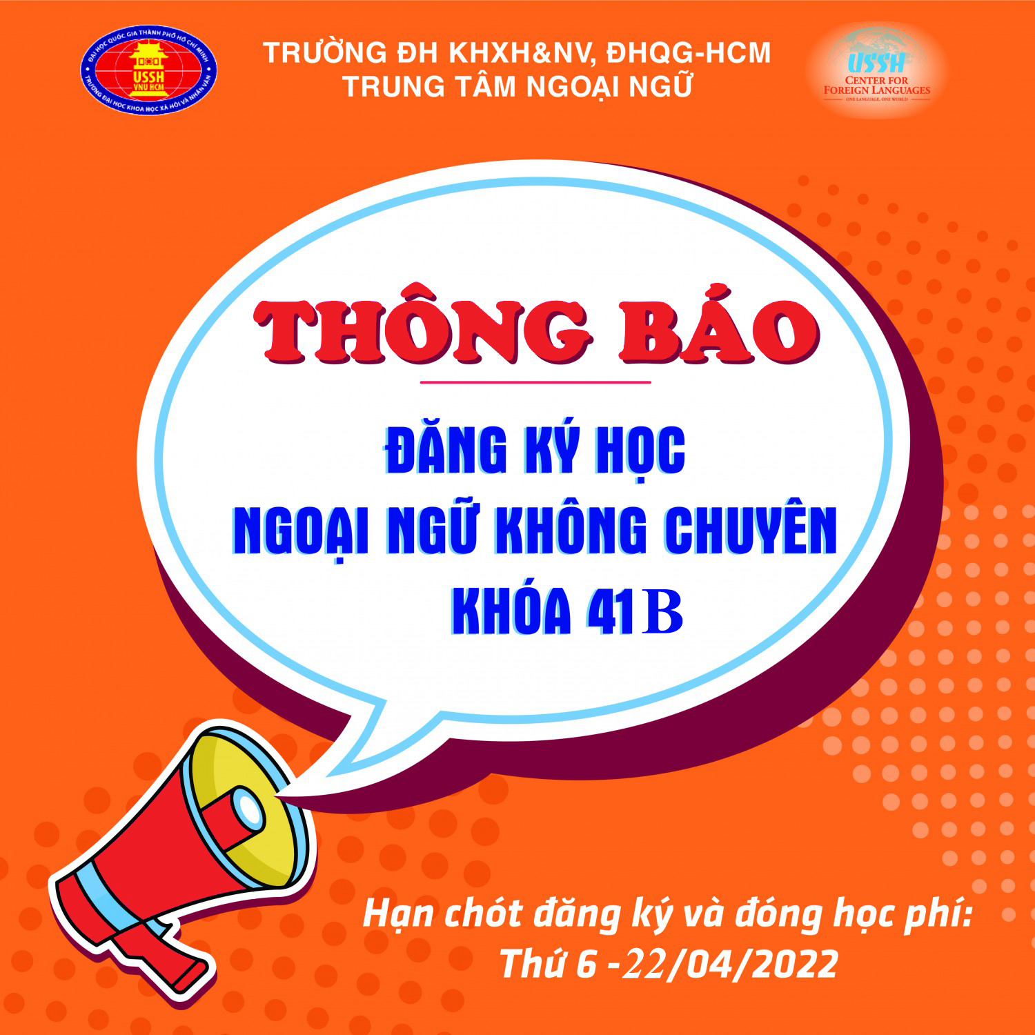 Thông báo về việc đăng ký học Ngoại ngữ Không chuyên khóa 41B, học kỳ II năm 2021-2022