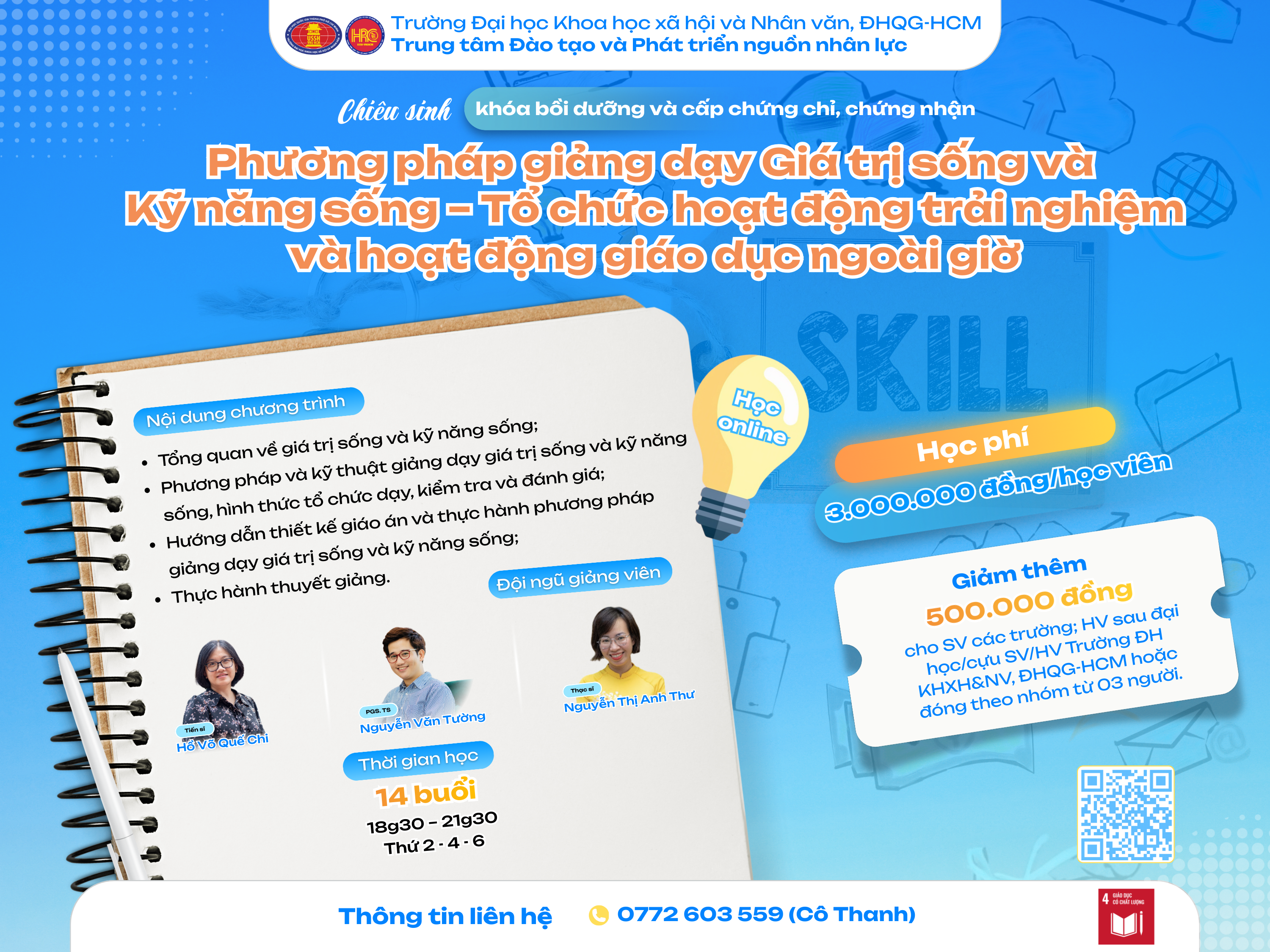 Chiêu sinh khóa đào tạo Phương pháp giảng dạy Giá trị sống và Kỹ năng sống – Tổ chức hoạt động trải nghiệm và hoạt động giáo dục ngoài giờ (Khóa 31) – Học ngày 04/03/2026