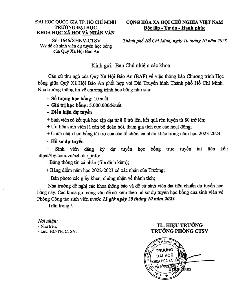 Học bổng của Quỹ Xã Hội Bảo An (BAF)