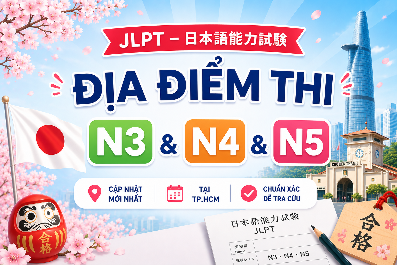 Các địa điểm thi kỳ thi Năng lực Nhật ngữ JLPT 05/7/2026 theo số báo danh cấp độ N3, N4, N5