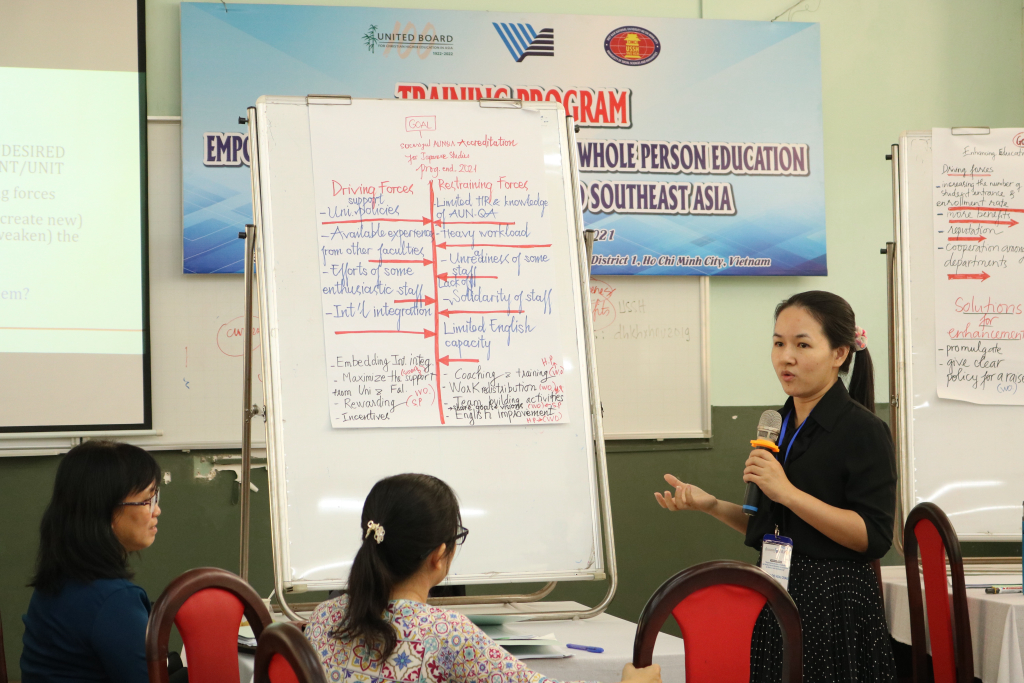 Các nhóm tham gia phần thuyết trình, nêu ý tưởng và đóng góp ý kiến, sáng kiến mới trong nâng cao năng lực lãnh đạo. Ảnh: Trần Đào