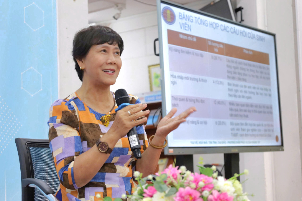 TS. Nguyễn Thị Hậu giải đáp các thắc mắc của sinh viên về cách tiếp cận tri thức từ việc đọc sách trên môi trường đại học - Ảnh: Thanh Hải